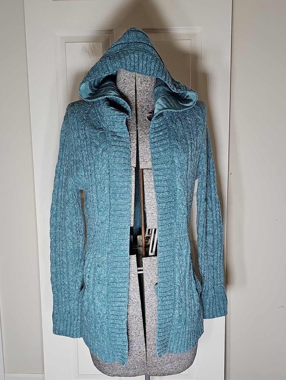 Natural Reflections Teal Blue Wool Blend Hooded Cable Knit Cardigan Sweater M